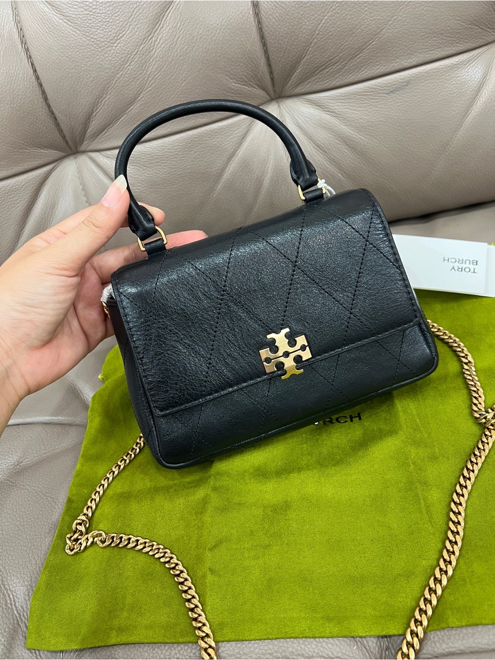 NTW Tory Burch Black Charlie Quilted Leather Mini Top-Handle Crossbody with Gold